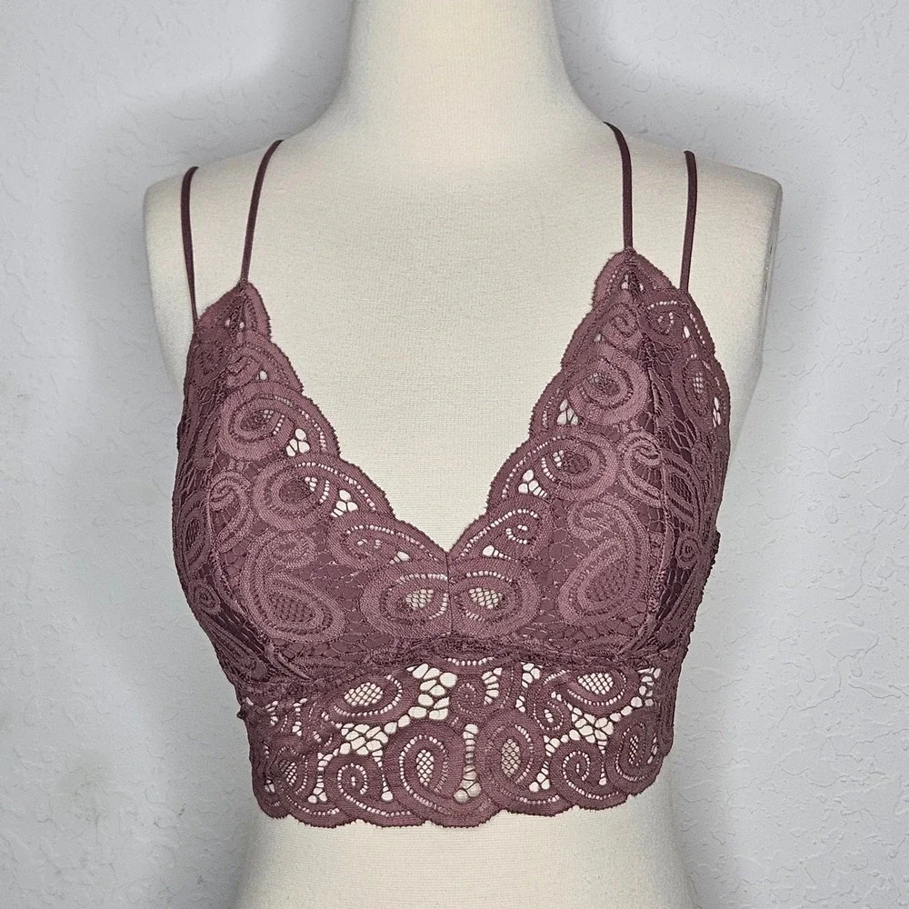 PINK Victoria's Secret Mauve Floral Lace Longline Bralette Smocked Back S M